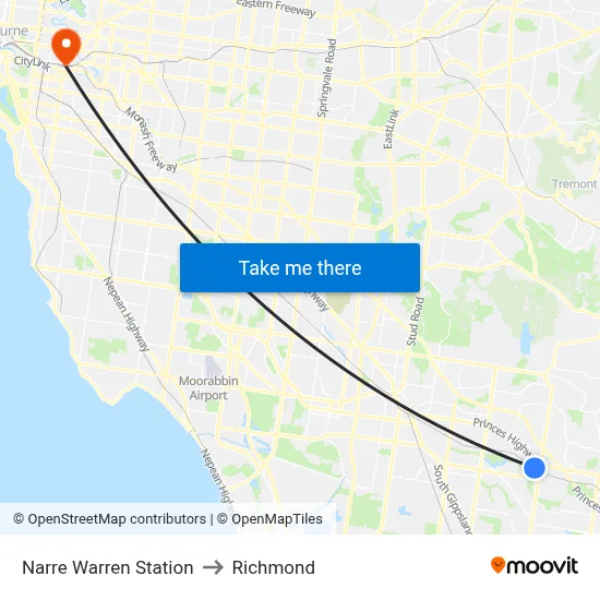 Narre Warren Station to Richmond map
