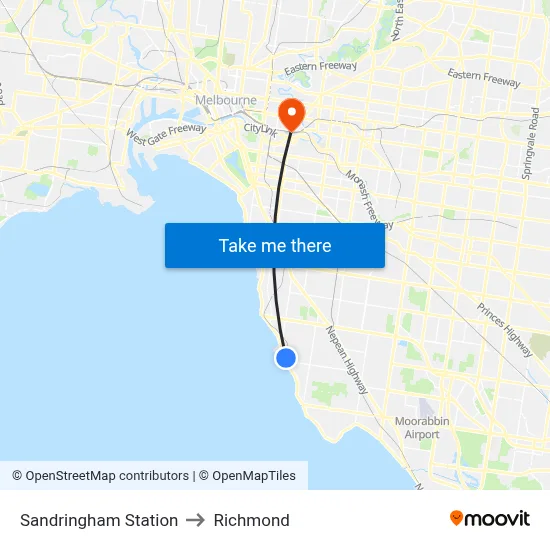 Sandringham Station to Richmond map