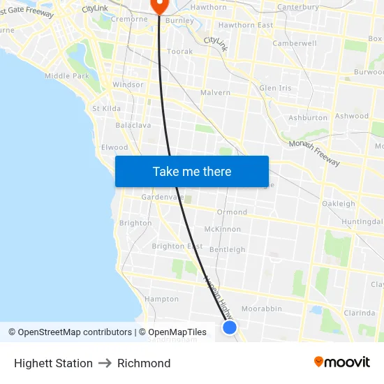 Highett Station to Richmond map