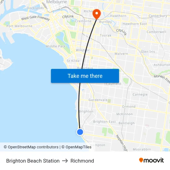 Brighton Beach Station to Richmond map