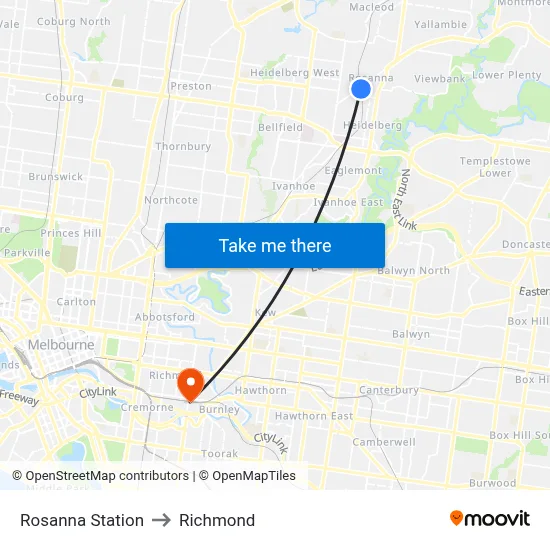 Rosanna Station to Richmond map
