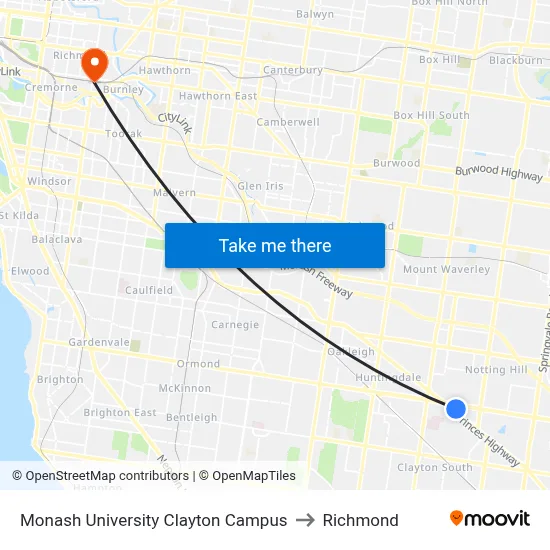 Monash University Clayton Campus to Richmond map