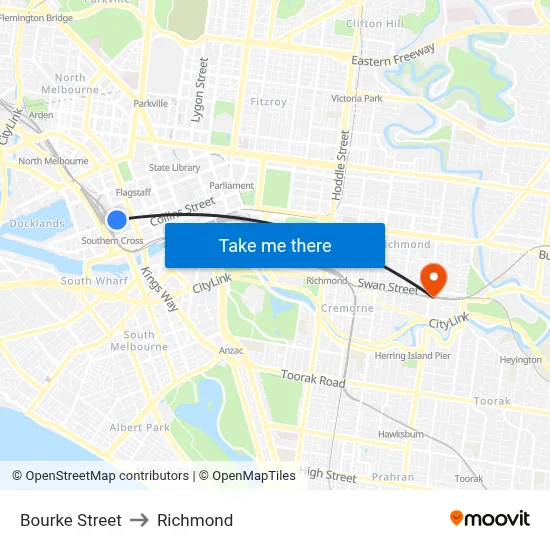 Bourke Street to Richmond map