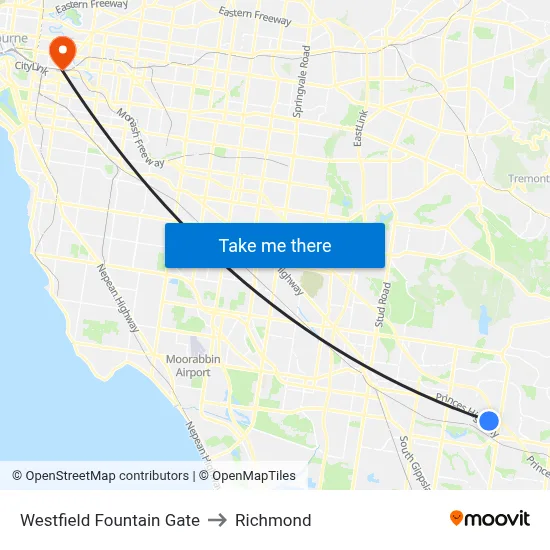 Westfield Fountain Gate to Richmond map