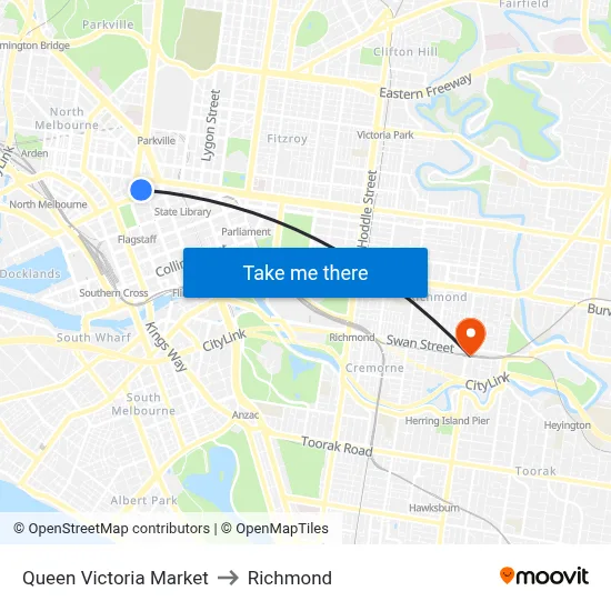 Queen Victoria Market to Richmond map