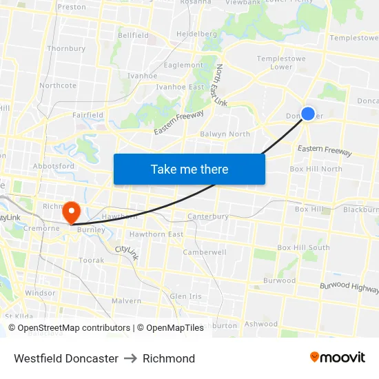 Westfield Doncaster to Richmond map