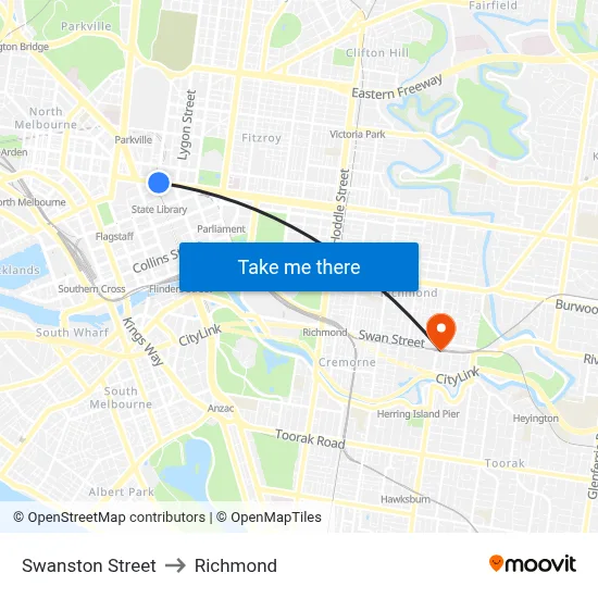 Swanston Street to Richmond map