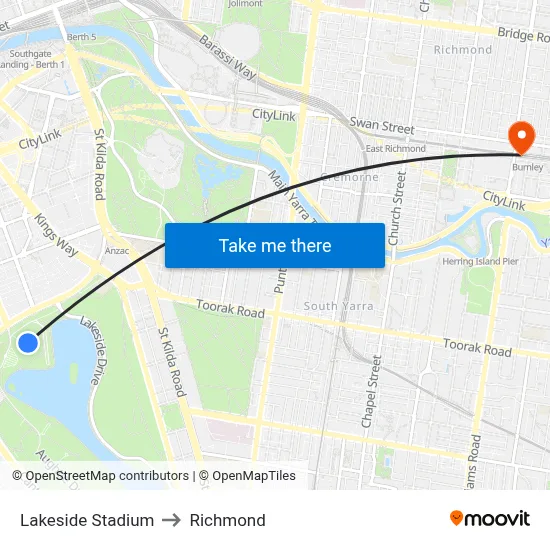 Lakeside Stadium to Richmond map