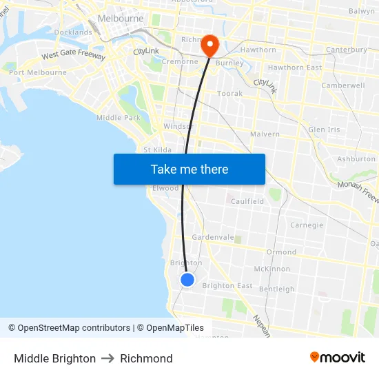 Middle Brighton to Richmond map