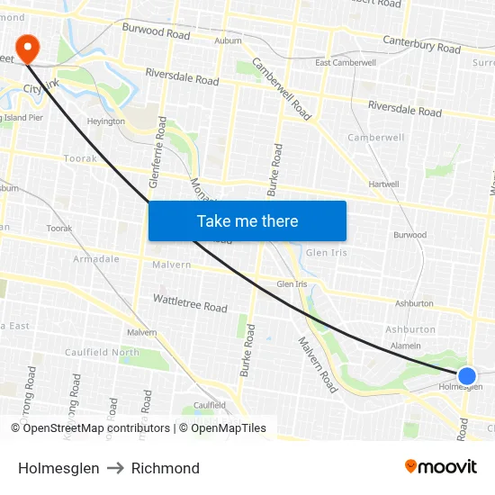 Holmesglen to Richmond map