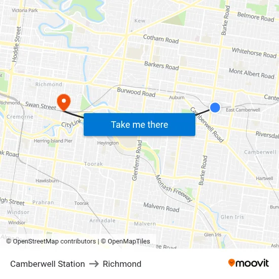 Camberwell Station to Richmond map