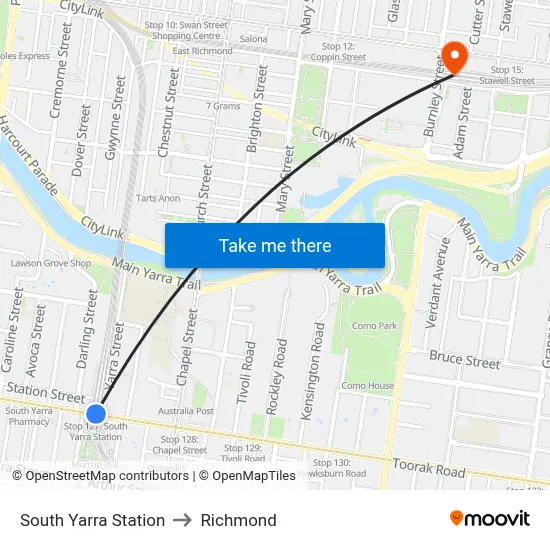 South Yarra Station to Richmond map