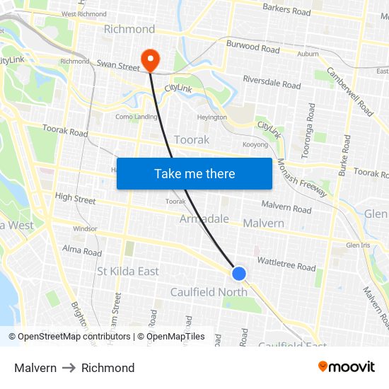 Malvern to Richmond map