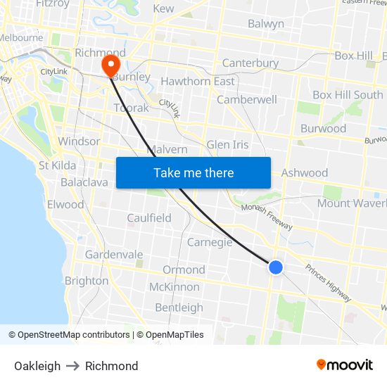 Oakleigh to Richmond map