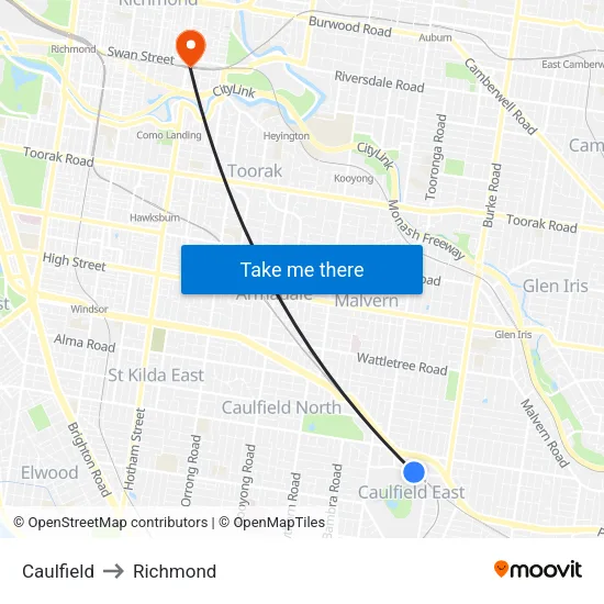 Caulfield to Richmond map