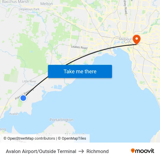 Avalon Airport/Outside Terminal to Richmond map