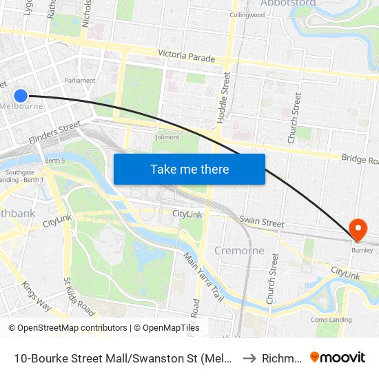 10-Bourke Street Mall/Swanston St (Melbourne City) to Richmond map