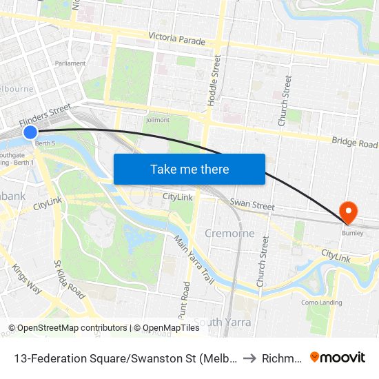 13-Federation Square/Swanston St (Melbourne City) to Richmond map