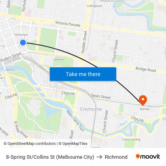 8-Spring St/Collins St (Melbourne City) to Richmond map