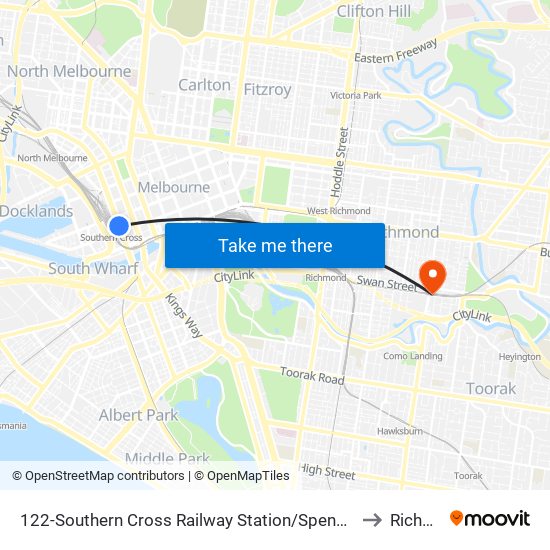 122-Southern Cross Railway Station/Spencer St (Melbourne City) to Richmond map