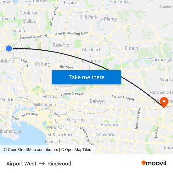 Airport West to Ringwood map