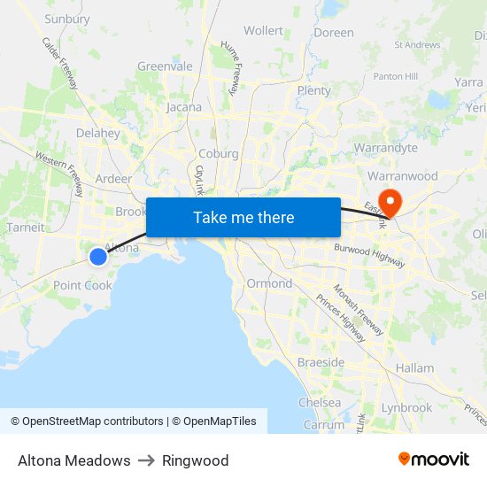 Altona Meadows to Ringwood map
