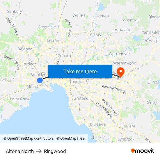 Altona North to Ringwood map