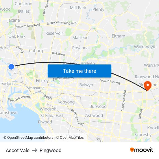 Ascot Vale to Ringwood map
