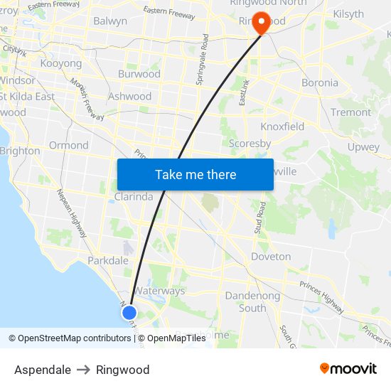 Aspendale to Ringwood map