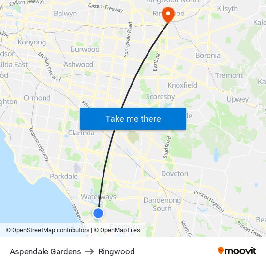 Aspendale Gardens to Ringwood map