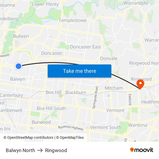 Balwyn North to Ringwood map