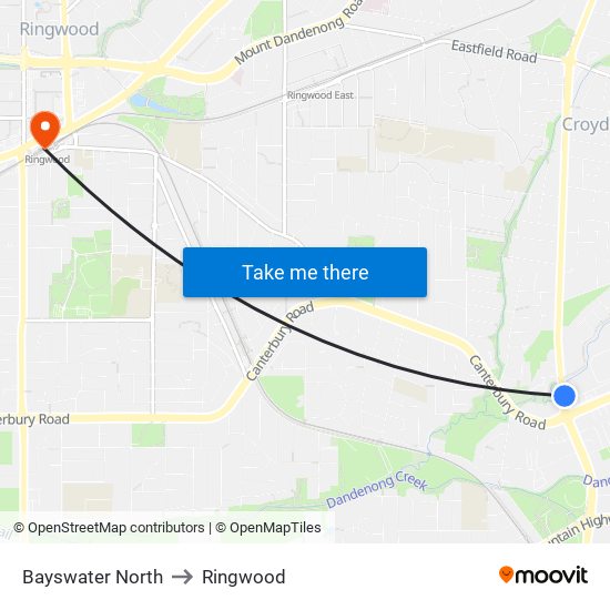 Bayswater North to Ringwood map