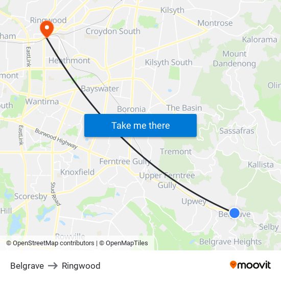 Belgrave to Ringwood map