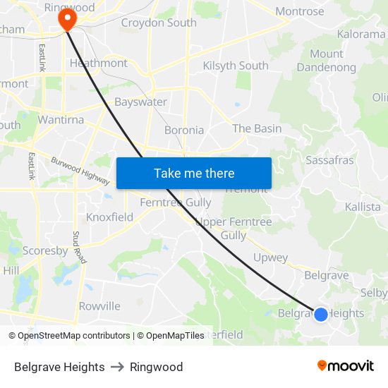 Belgrave Heights to Ringwood map