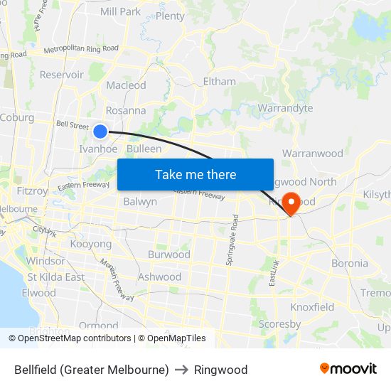 Bellfield (Greater Melbourne) to Ringwood map
