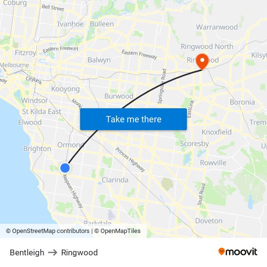 Bentleigh to Ringwood map