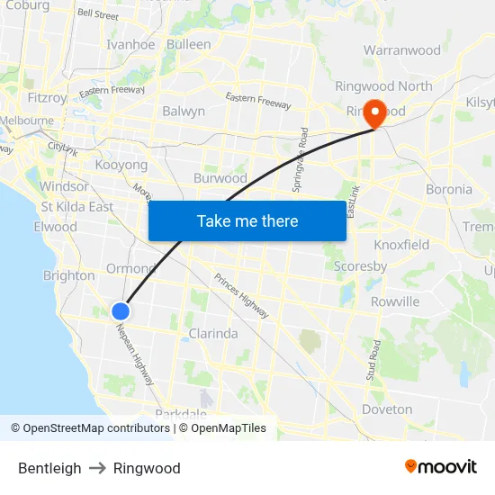 Bentleigh to Ringwood map