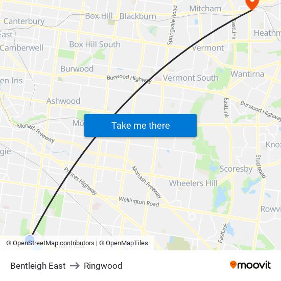 Bentleigh East to Ringwood map