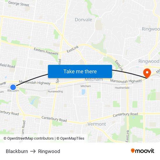 Blackburn to Ringwood map