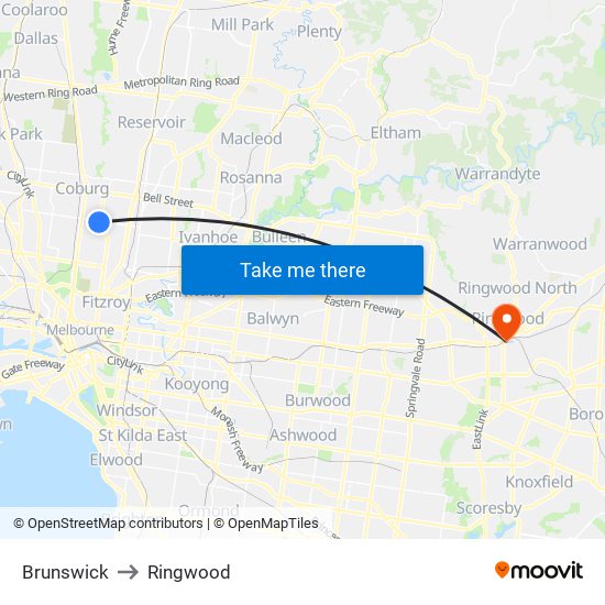 Brunswick to Ringwood map