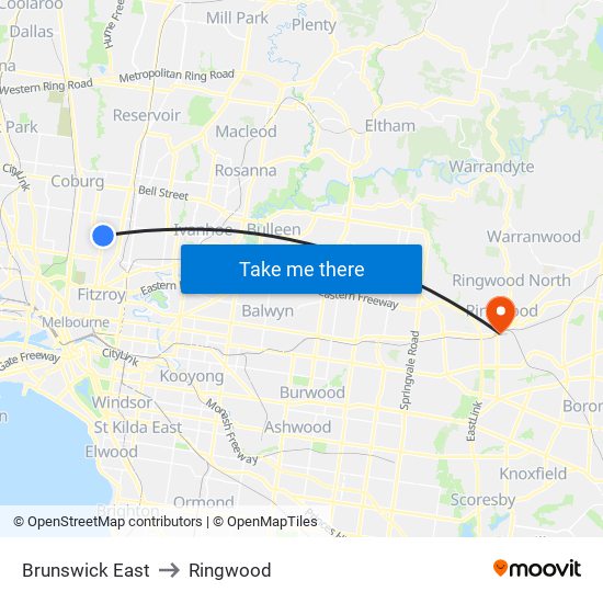 Brunswick East to Ringwood map