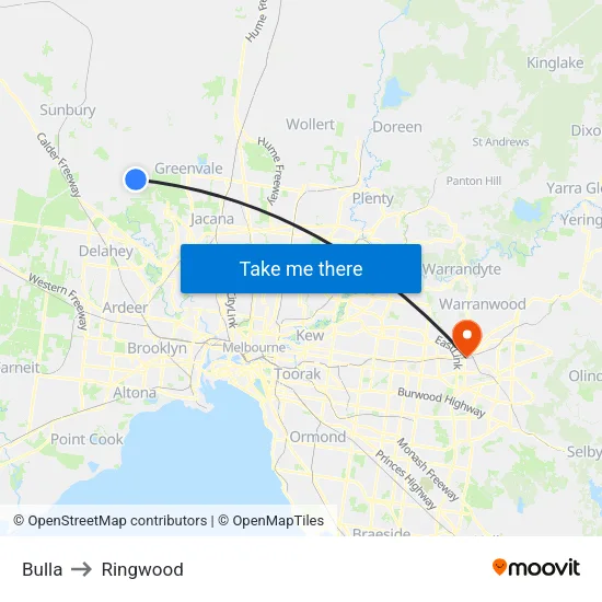 Bulla to Ringwood map