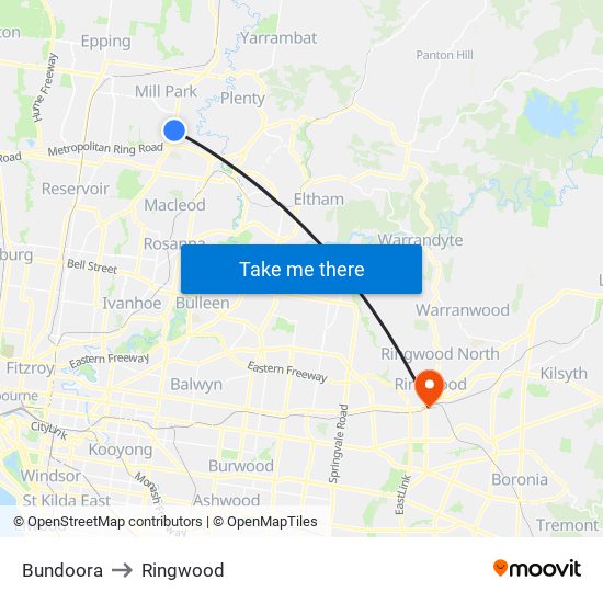 Bundoora to Ringwood map