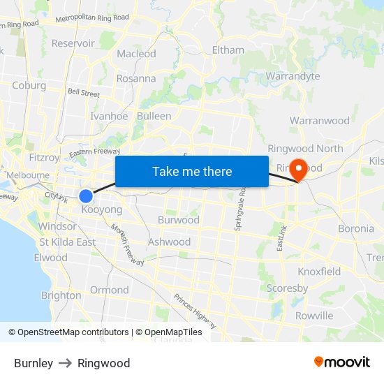 Burnley to Ringwood map