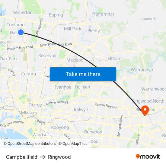 Campbellfield to Ringwood map