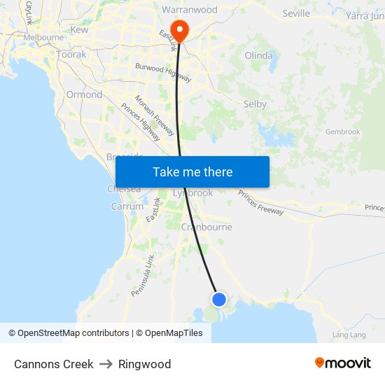 Cannons Creek to Ringwood map