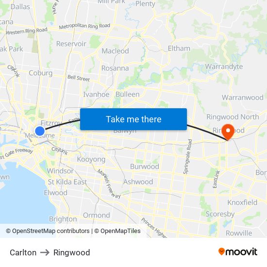 Carlton to Ringwood map