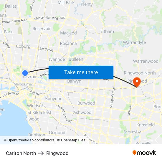 Carlton North to Ringwood map