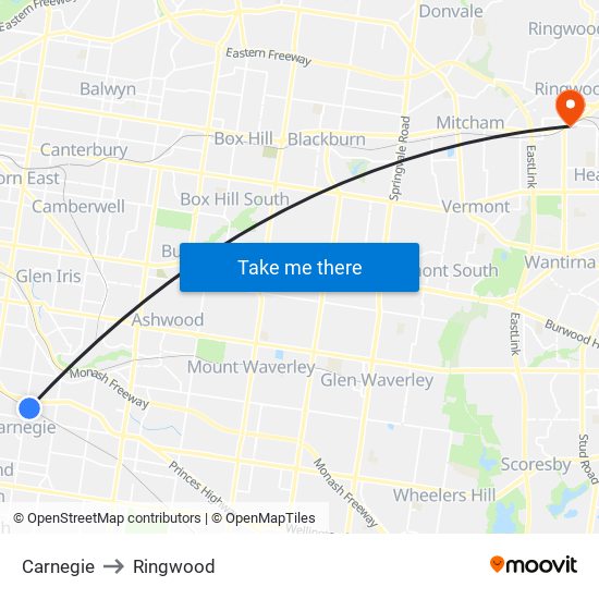 Carnegie to Ringwood map