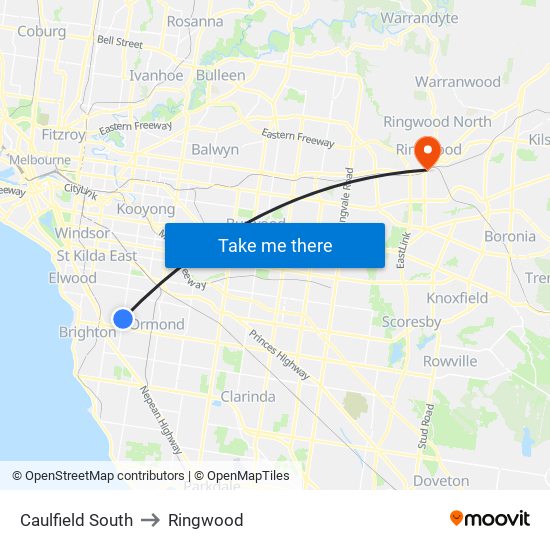 Caulfield South to Ringwood map